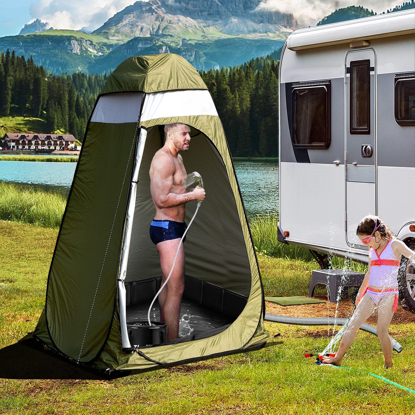 Thallike outdoor camping shower setup in action for beach or RV.