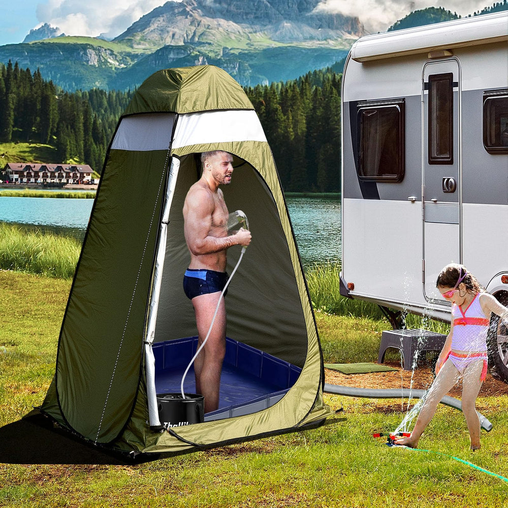Thallike outdoor shower base in use illustrates versatile setup for beach and RV trips.