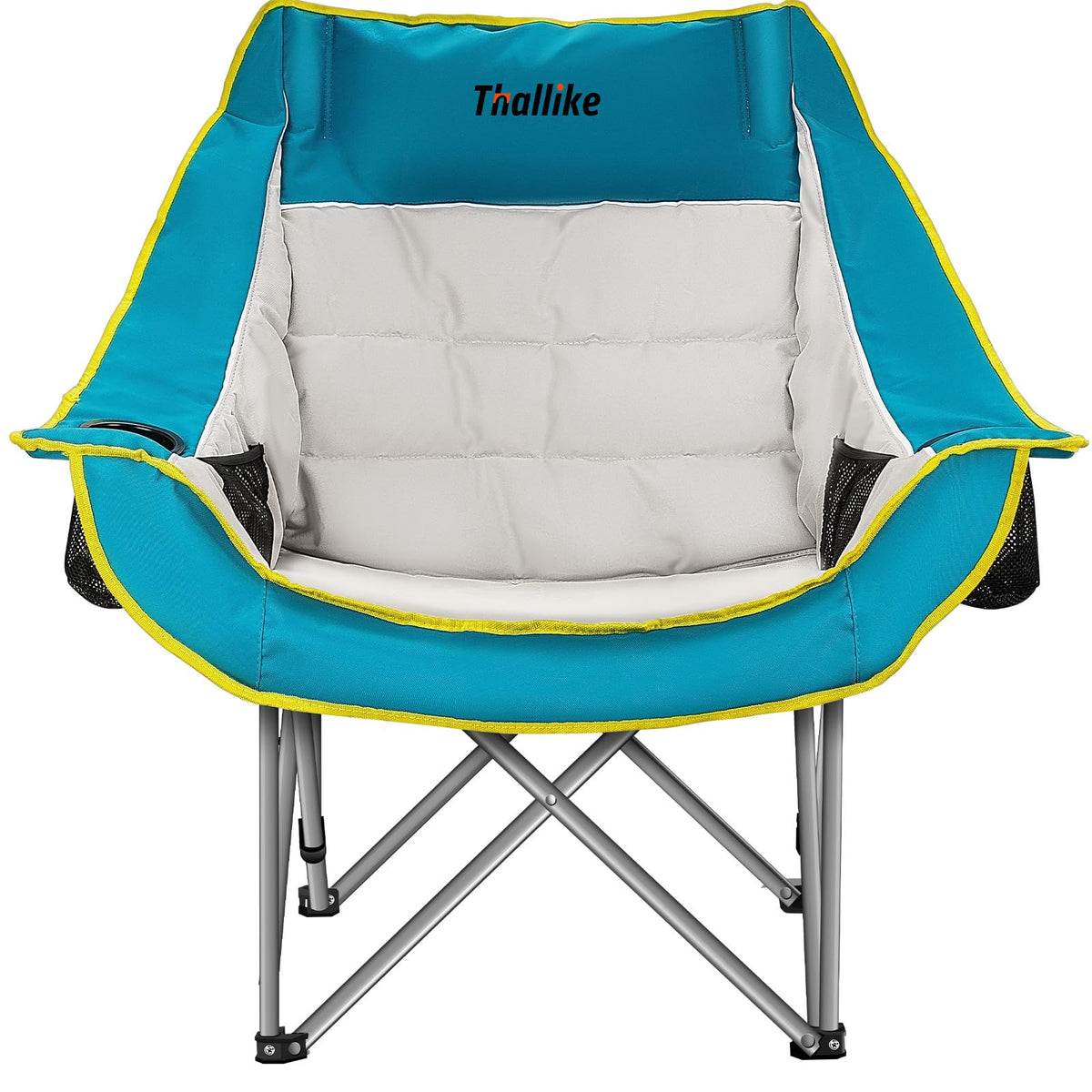 Thallike oversized camping chair front view shows a roomy seat for larger users and comfort