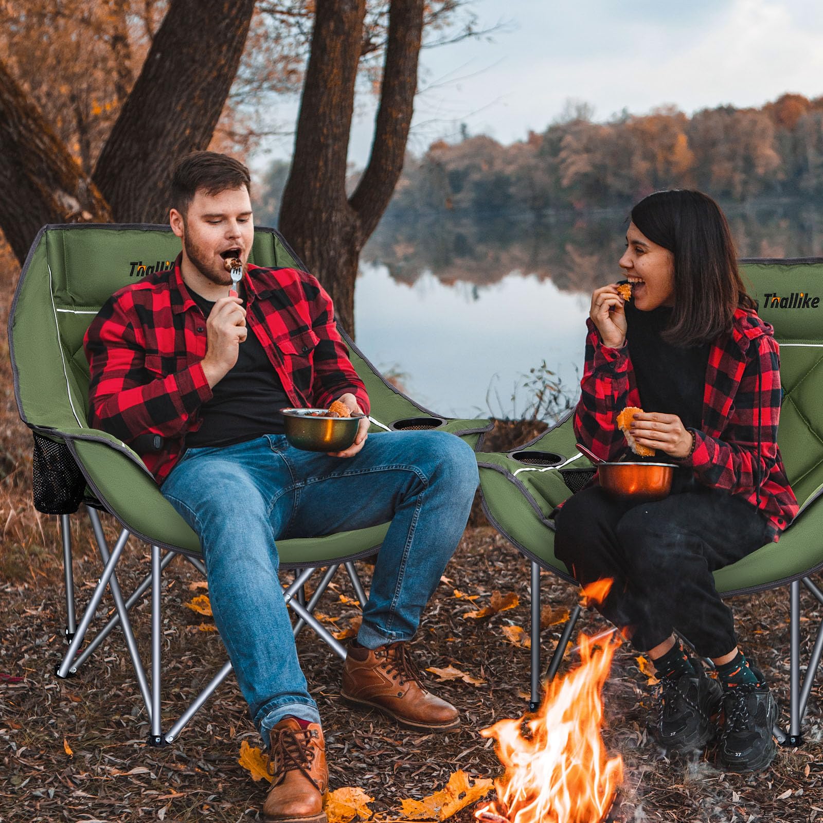 Thallike camping chair setup at campsite highlights spacious 38-inch seat.