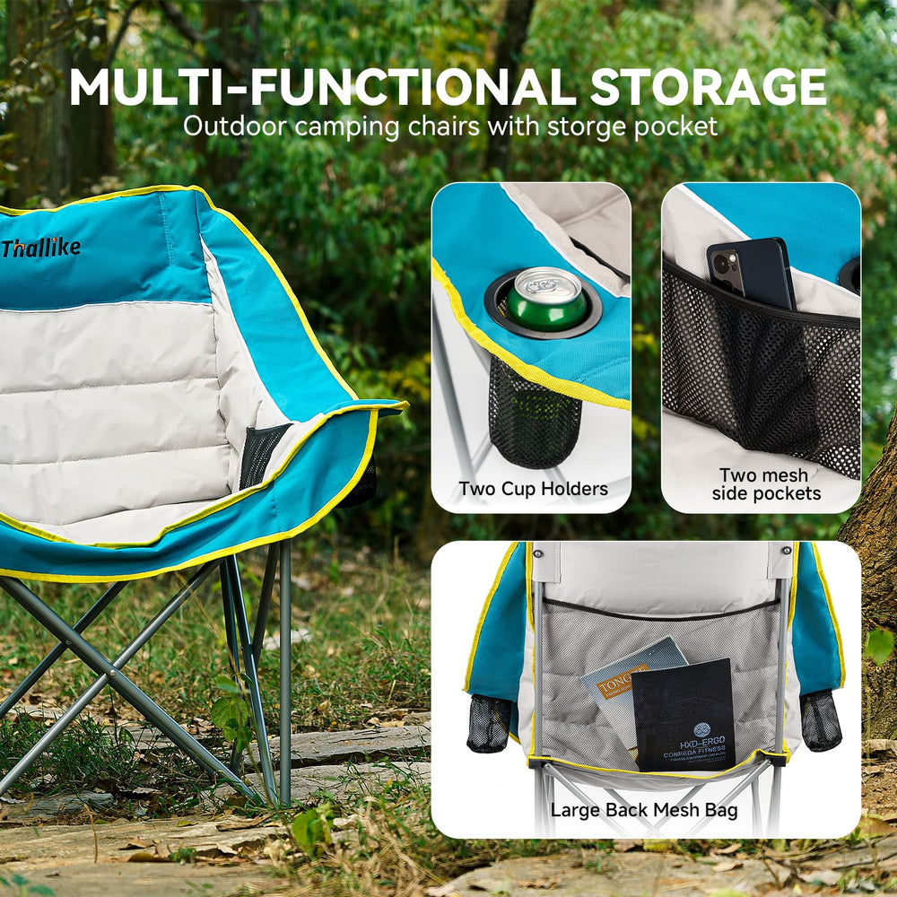 Thallike oversized camping chair storage-pockets image highlights rear pocket and mesh pouches