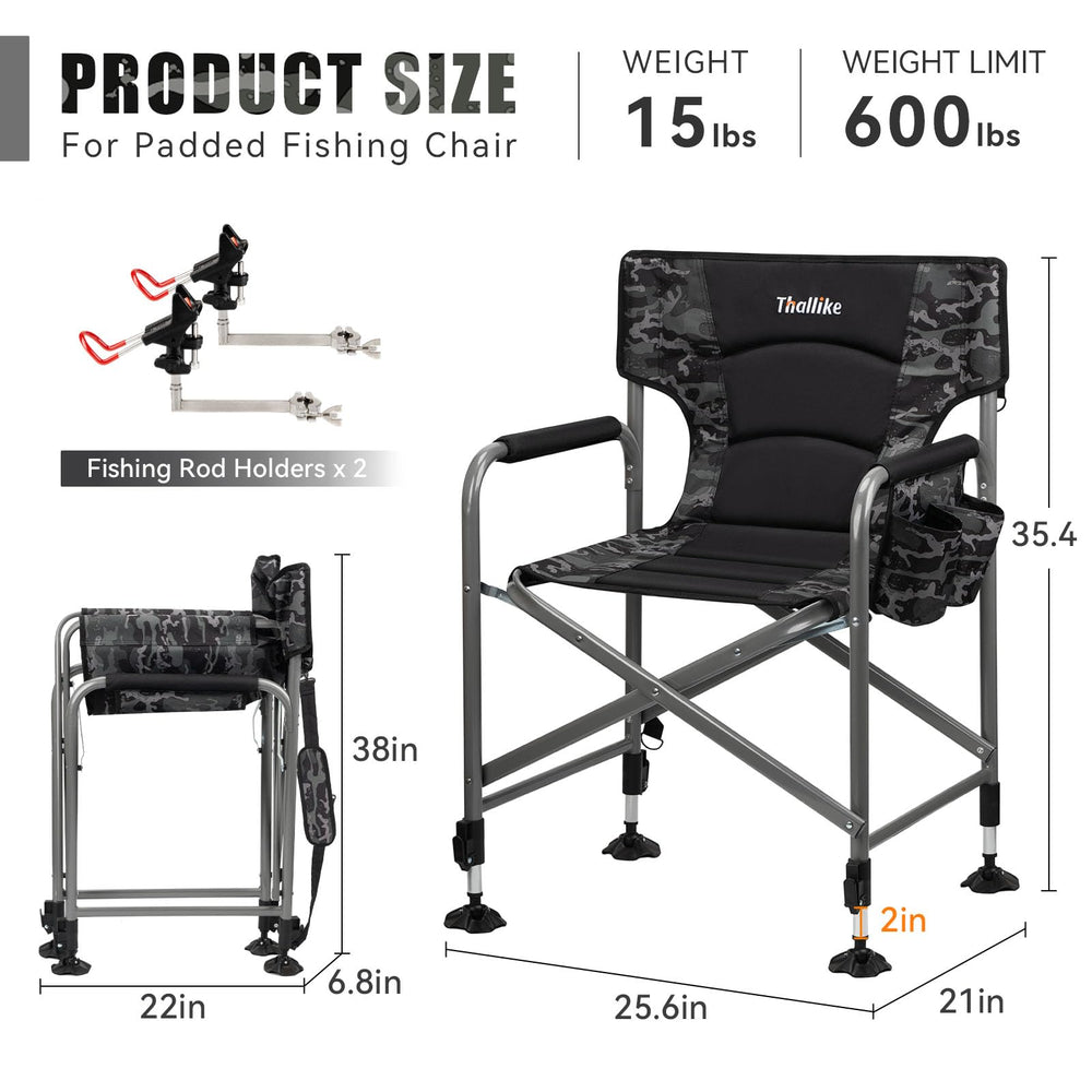 Thallike padded folding chair rod holders rotate to keep gear ready.