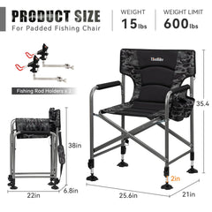 Thallike padded folding chair rod holders rotate to keep gear ready.
