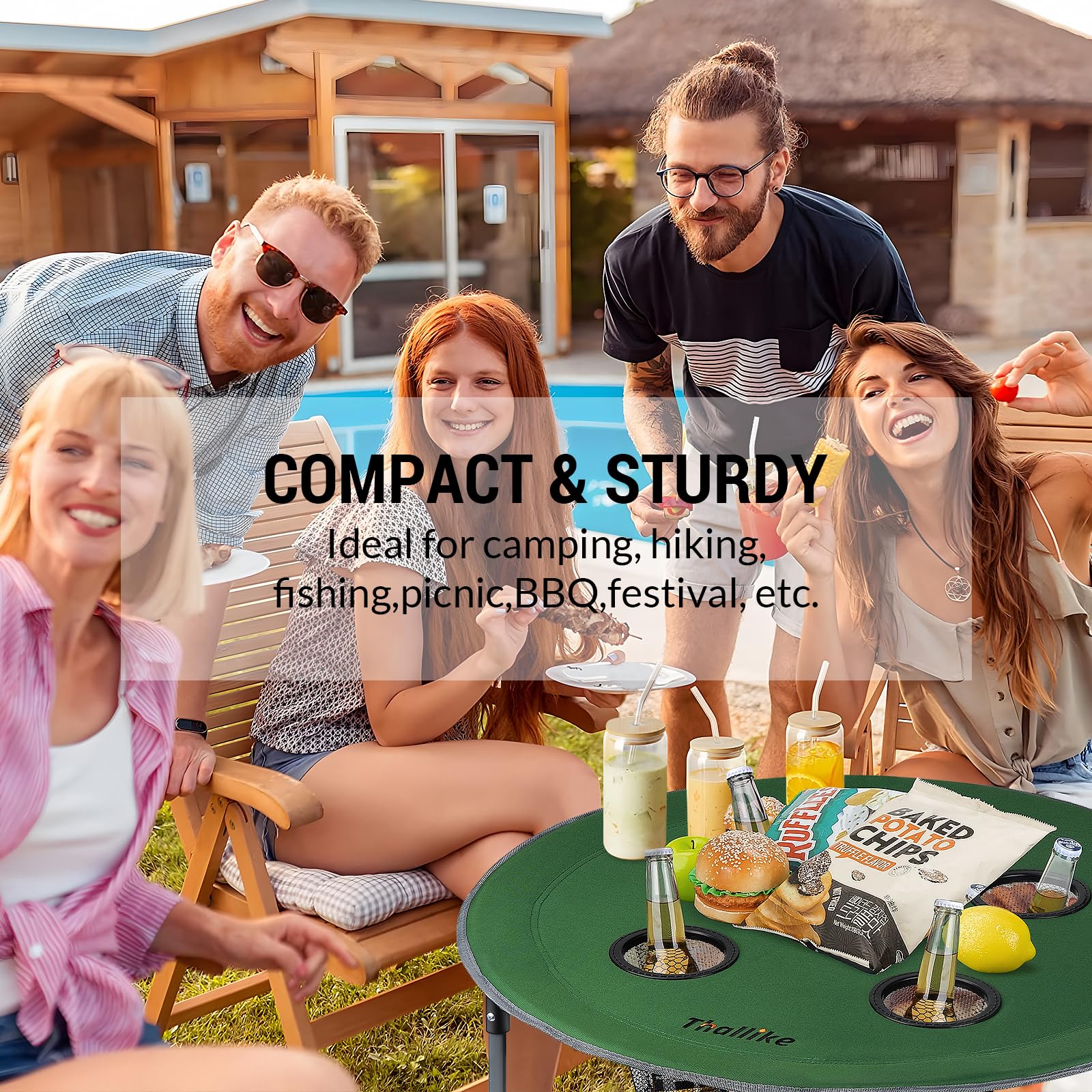 Thallike portable folding table demonstrates versatile dining surface for camping and backyard events.