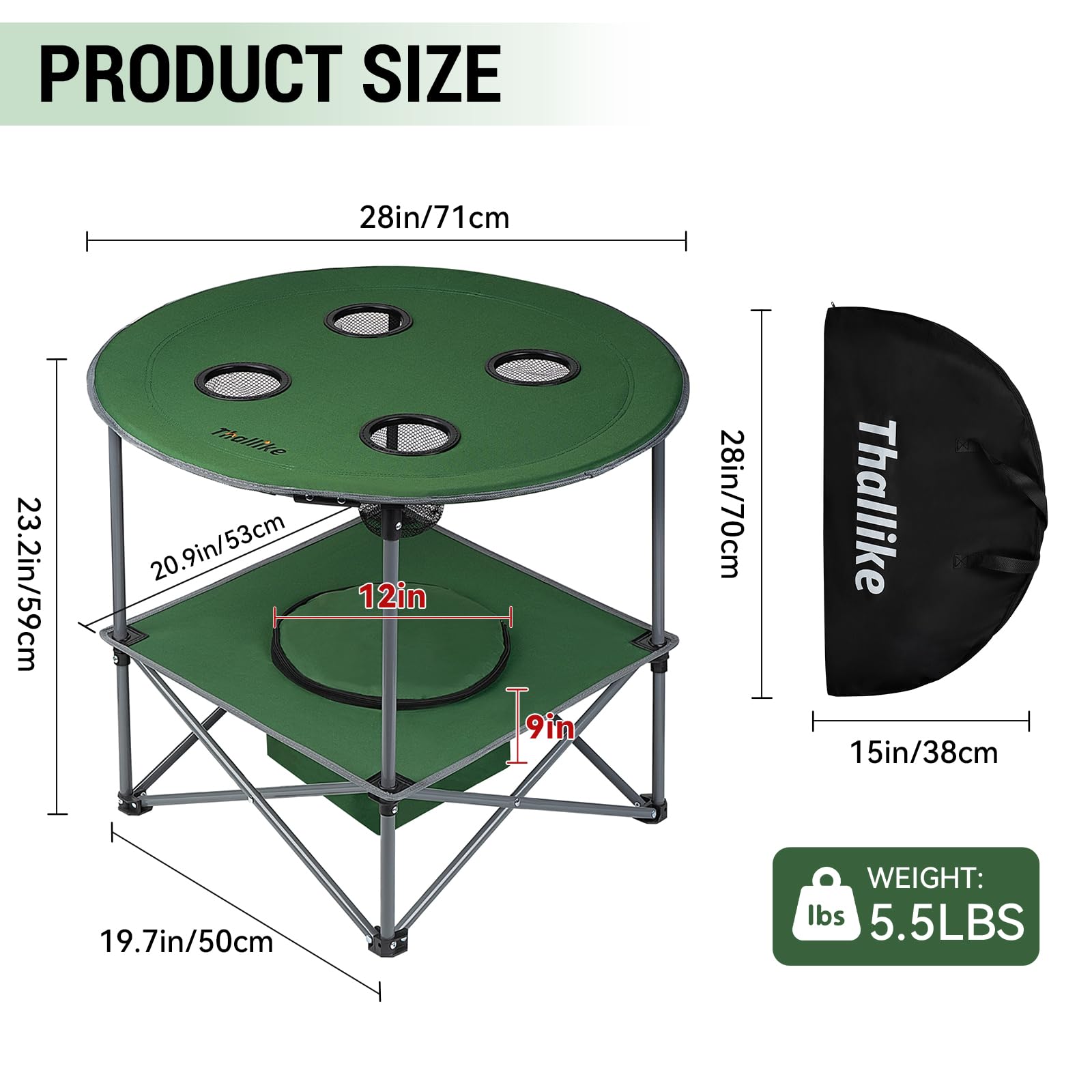 Thallike portable folding table with insulated cooler shows built-in chill space for beverages.