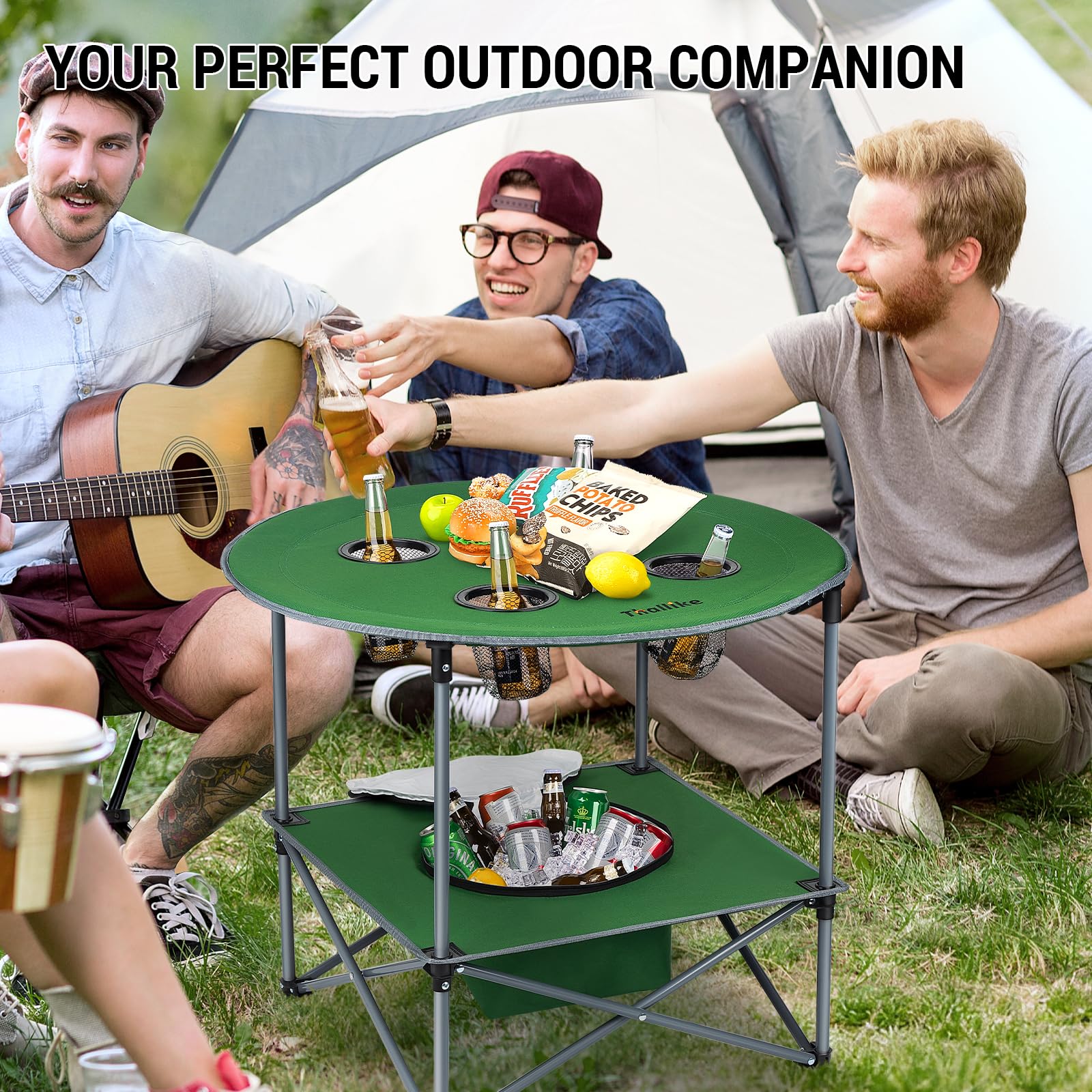 Thallike folding table with oversized cup holders keeps drinks within reach during gatherings.