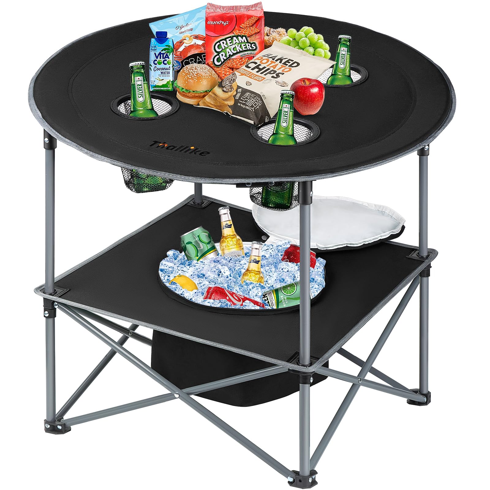 Thallike portable folding table top provides a sturdy surface for picnics.