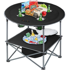 Thallike portable folding table top provides a sturdy surface for picnics.