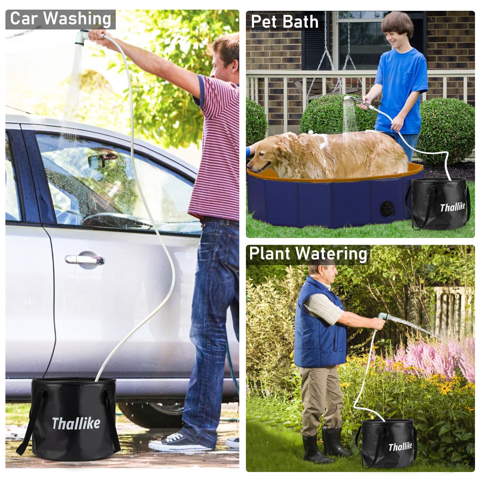 Thallike camping backpack stores the shower kit for convenient transport.