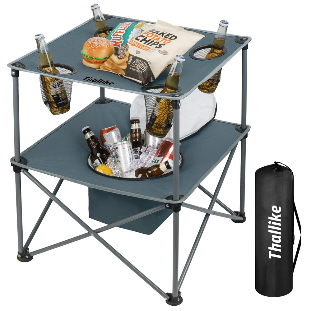 Thallike portable picnic table with cooler and four cup holders for outdoor drinks
