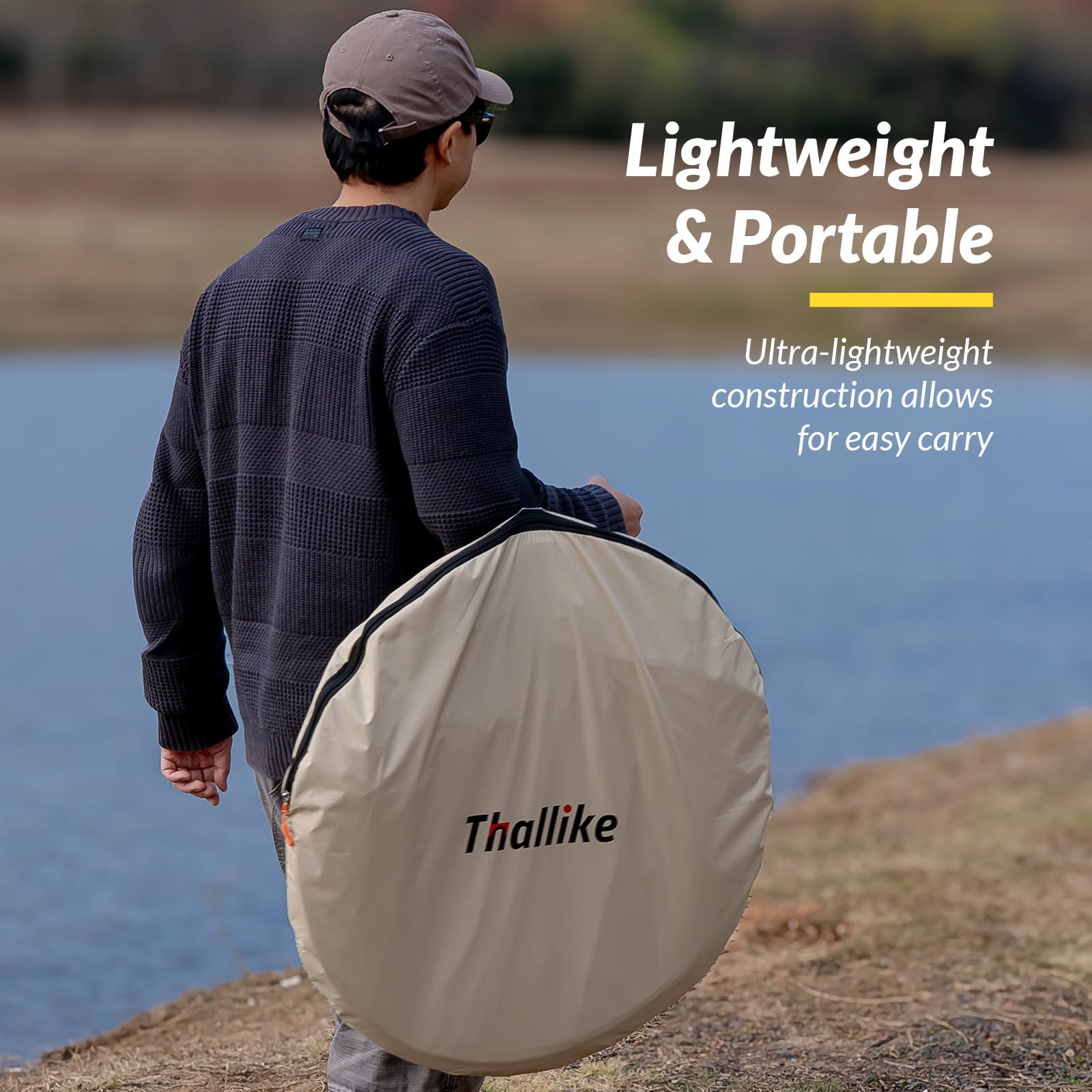 Thallike portable tent with carry bag travels easily to parks and beaches.