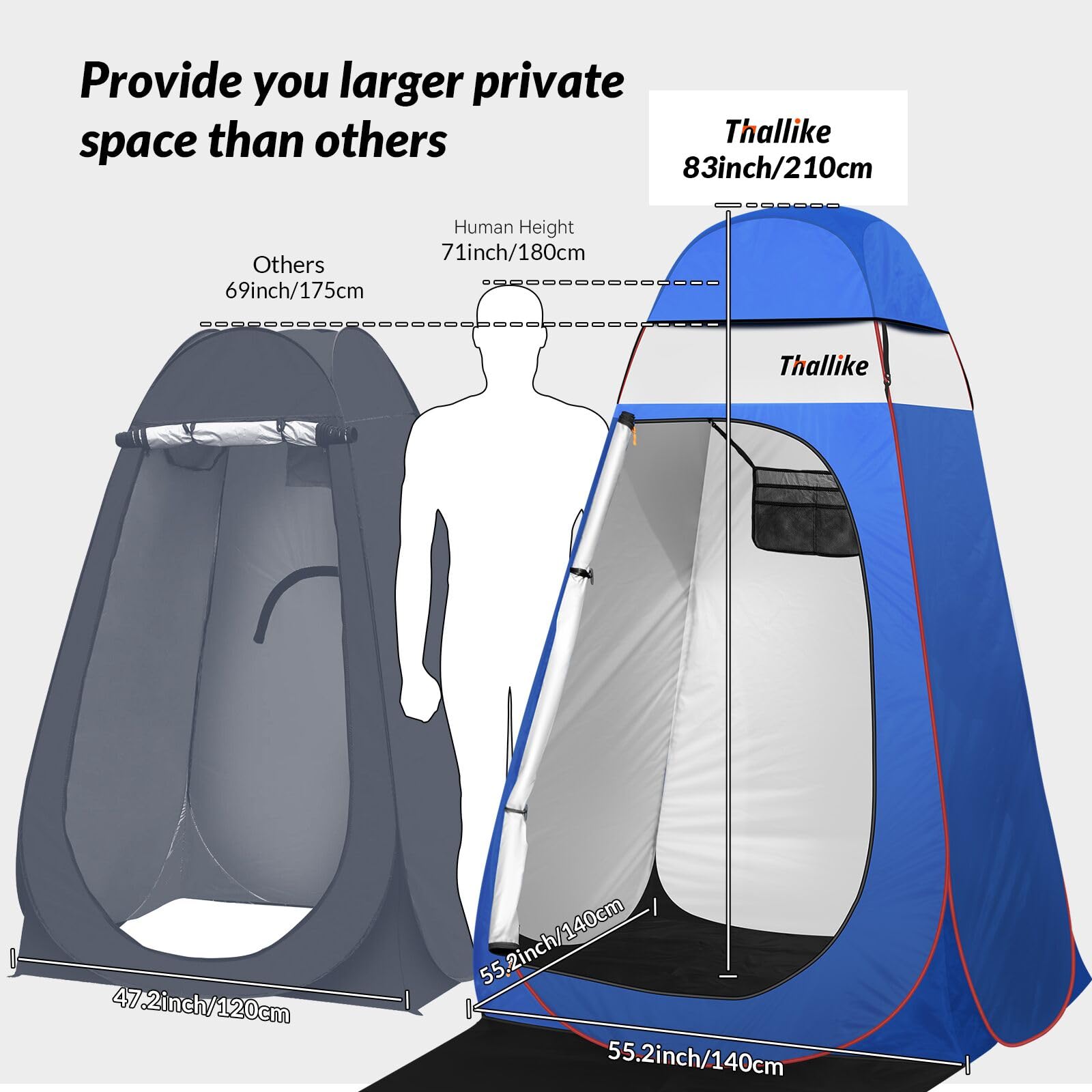 Thallike privacy tent with rain roof attachment protects from rain.
