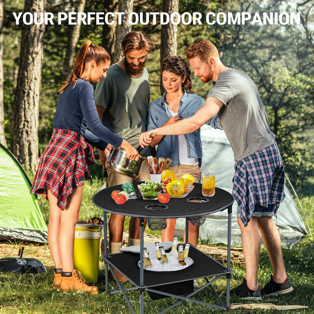 Thallike table cooler-lower-compartment shows built-in cooler keeping drinks chilled.