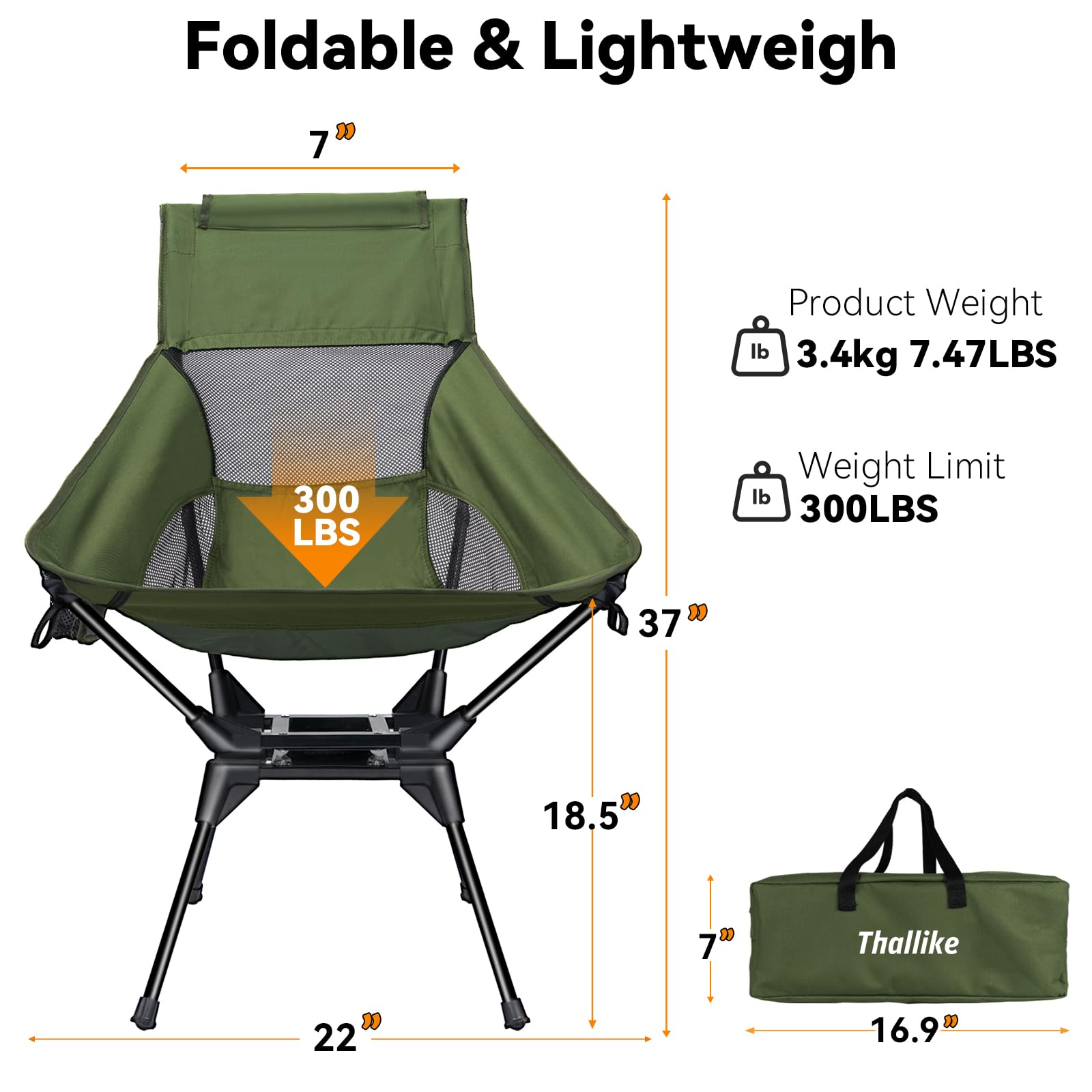 Thallike Upgraded 360 swivel chair side view demonstrates travel-friendly folding frame.