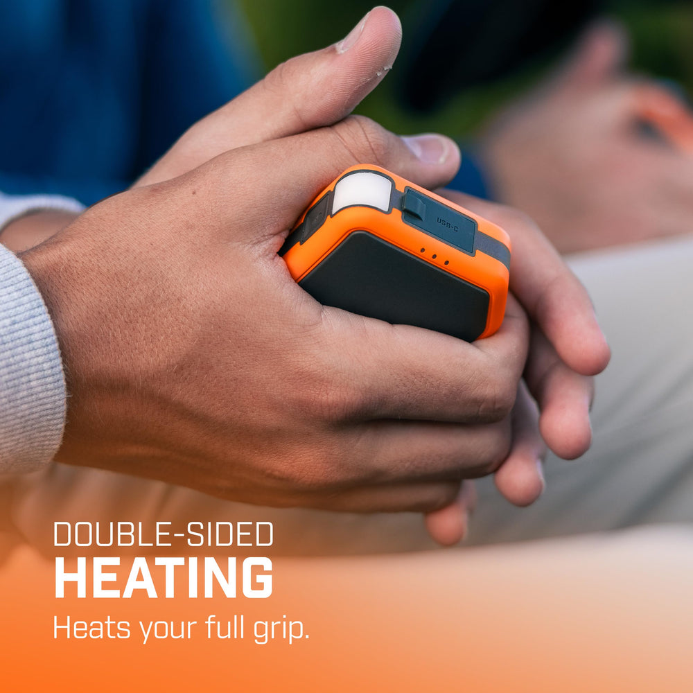 THAW 10K hand warmer side-heat setup shows dual-sided heating for full-hand comfort.