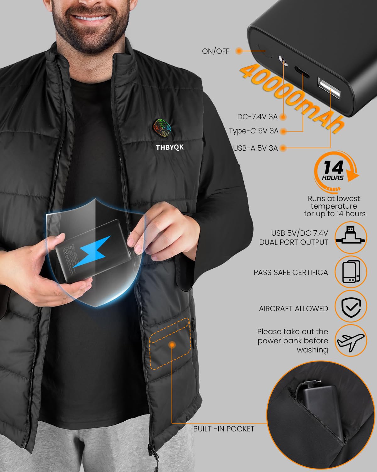 THBYQK heated vest with dual 20,000mAh battery packs for extended warmth.
