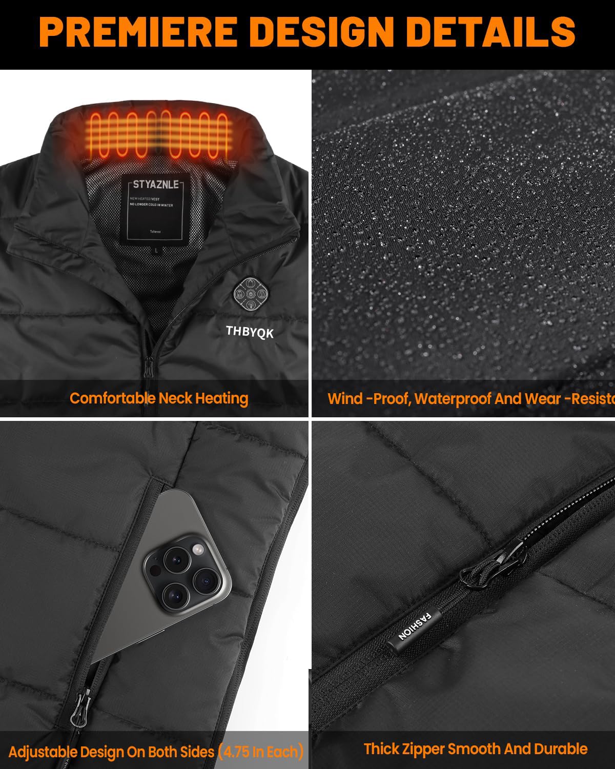 THBYQK heated vest fabric close-up shows skin-friendly, waterproof, breathable material.