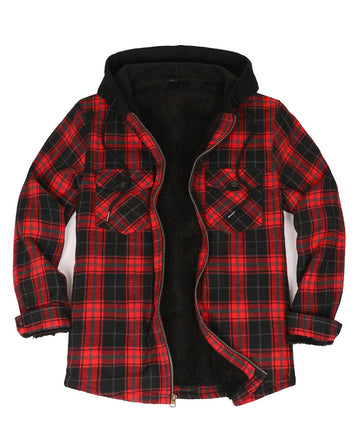 ThCreasa men's full zip flannel hooded jacket red front view, warm all-day warmth