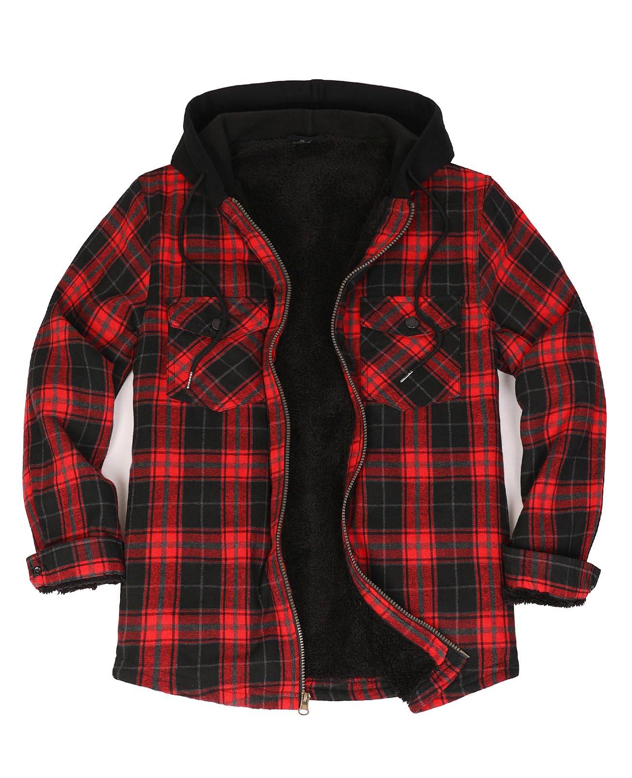 ThCreasa men's full zip flannel jacket red front view with wind-blocking zipper