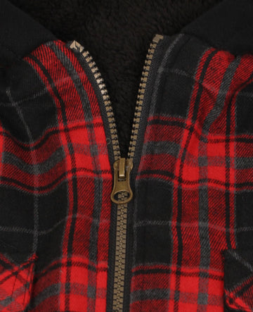 ThCreasa men's full zip flannel jacket red sherpa lining close-up for warmth