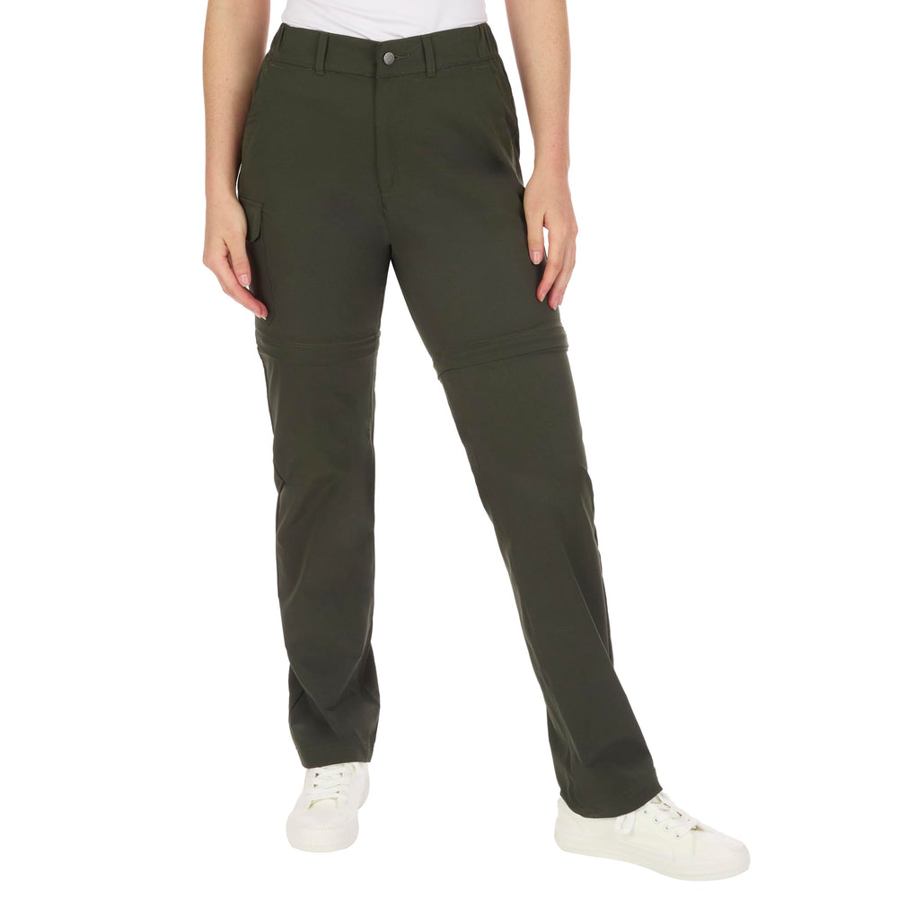 The American Outdoorsman olive convertible pants, front view, ready for versatile hiking.