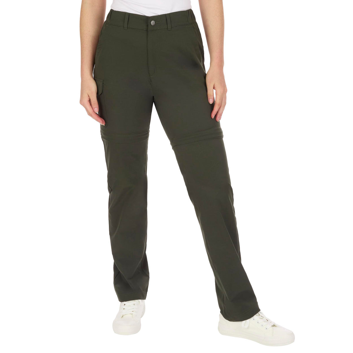 The American Outdoorsman olive convertible pants, front view, ready for versatile hiking.