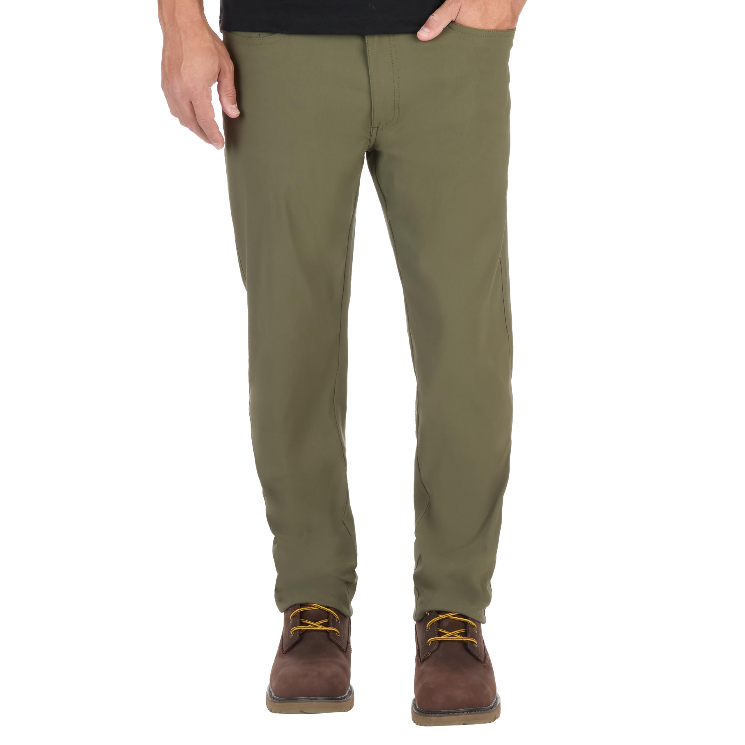 The American Outdoorsman men's 5-pocket stretch nylon pants front view highlighting mobility for travel