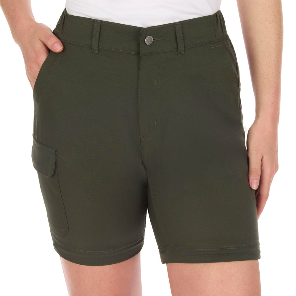 The American Outdoorsman olive shorts conversion close-up with a 7-inch inseam option.
