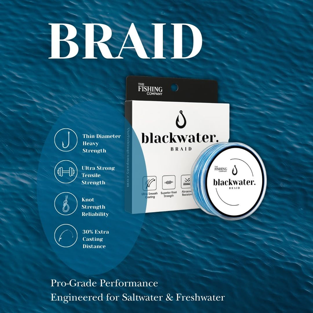 The Fishing Company Blackwater Braid 15lb 500 yards label communicates line strength and capacity