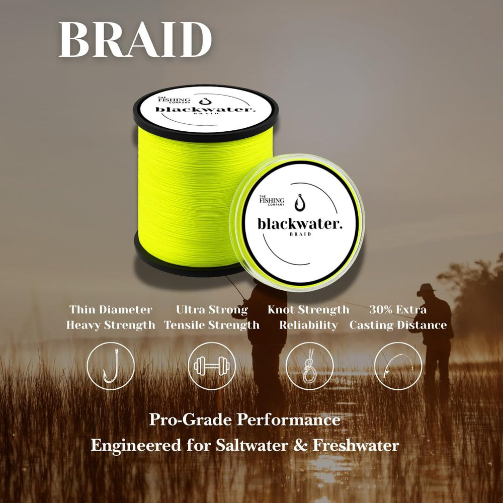 The Fishing Company Blackwater Braid 8X high-vis-yellow improves line visibility.