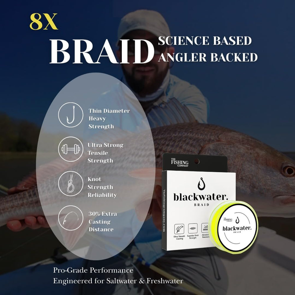 The Fishing Company Blackwater Braid 8X zero-stretch signals high sensitivity for hook-sets.