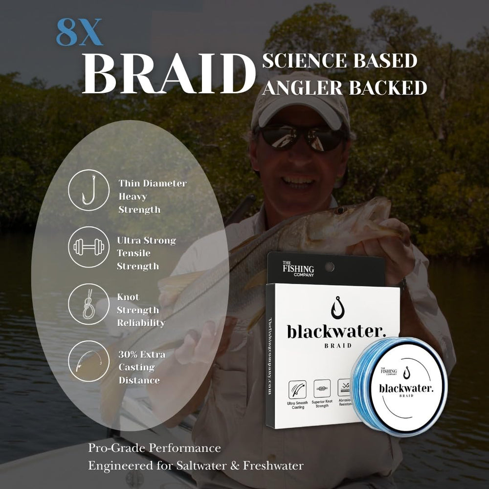 The Fishing Company Blackwater Braid abrasion-resistance scene shows durable line in cover