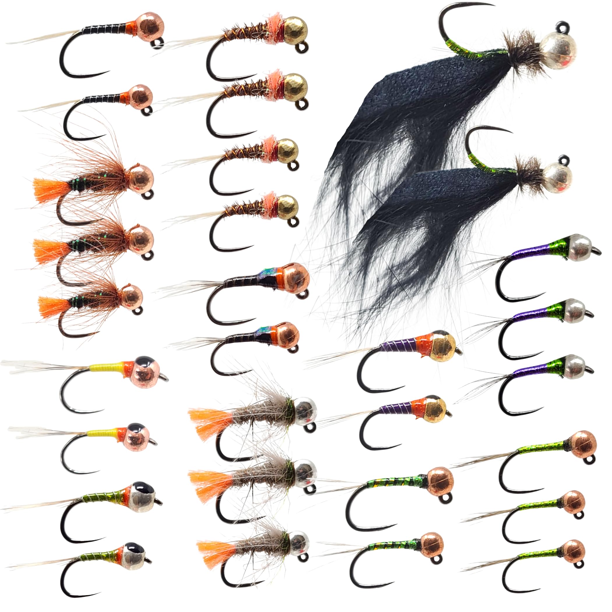 The Fly Crate 30-pack nymph flies sized #8–#16 for versatile river fishing.