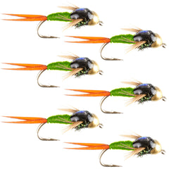 The Fly Fishing Place bead head Chartreuse Copper John nymph set of 6 for deep-water presentation.