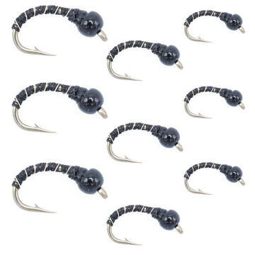 The Fly Fishing Place black zebra midge assortment pack for deep-water trout fishing.