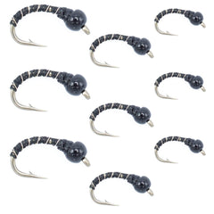 The Fly Fishing Place black zebra midge assortment pack for deep-water trout fishing.