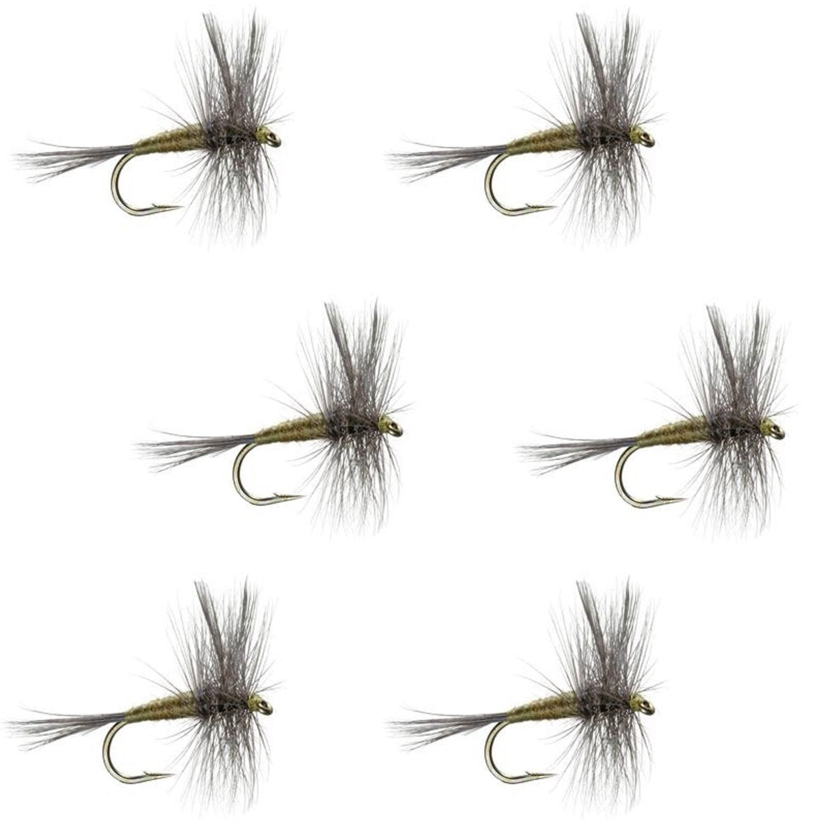The Fly Fishing Place BWO dry fly set front view shows six sized 18 flies ready to fish