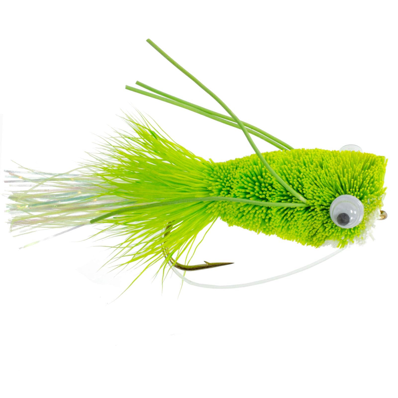 The Fly Fishing Place Chartreuse deer hair bass bug popper in hand for bass lure use