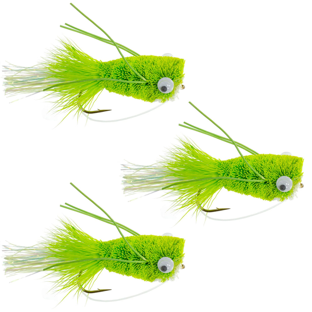The Fly Fishing Place Chartreuse deer hair bass bugs in action at dawn on the water