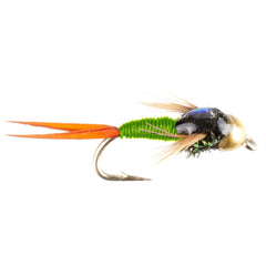The Fly Fishing Place closeup of bead head and copper wire body on Chartreuse Copper John nymph.