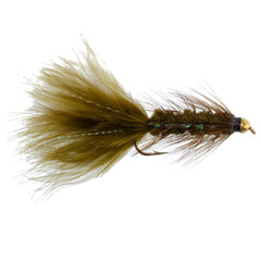 The Fly Fishing Place Dark Olive Bead Head Krystal Woolly Bugger in fly box, ready for big trout
