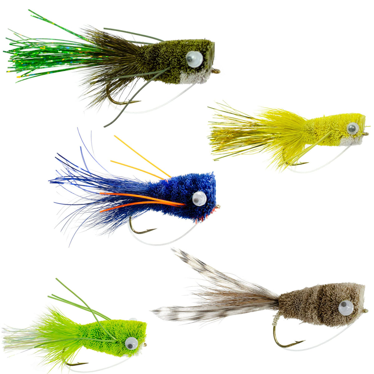 The Fly Fishing Place deer hair bass bug popper, front view, ideal for surface pops, bass strikes.