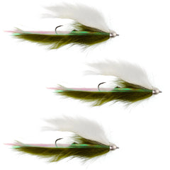 The Fly Fishing Place Dolly Llama Stinger Olive White flies attract big trout and steelhead.