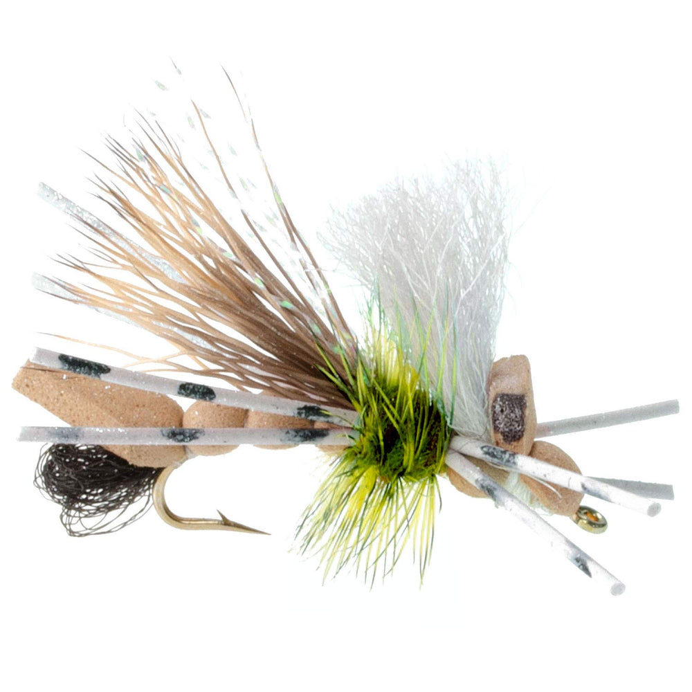 The Fly Fishing Place foam grasshopper dry fly emphasizes buoyancy for sunny bank fishing.