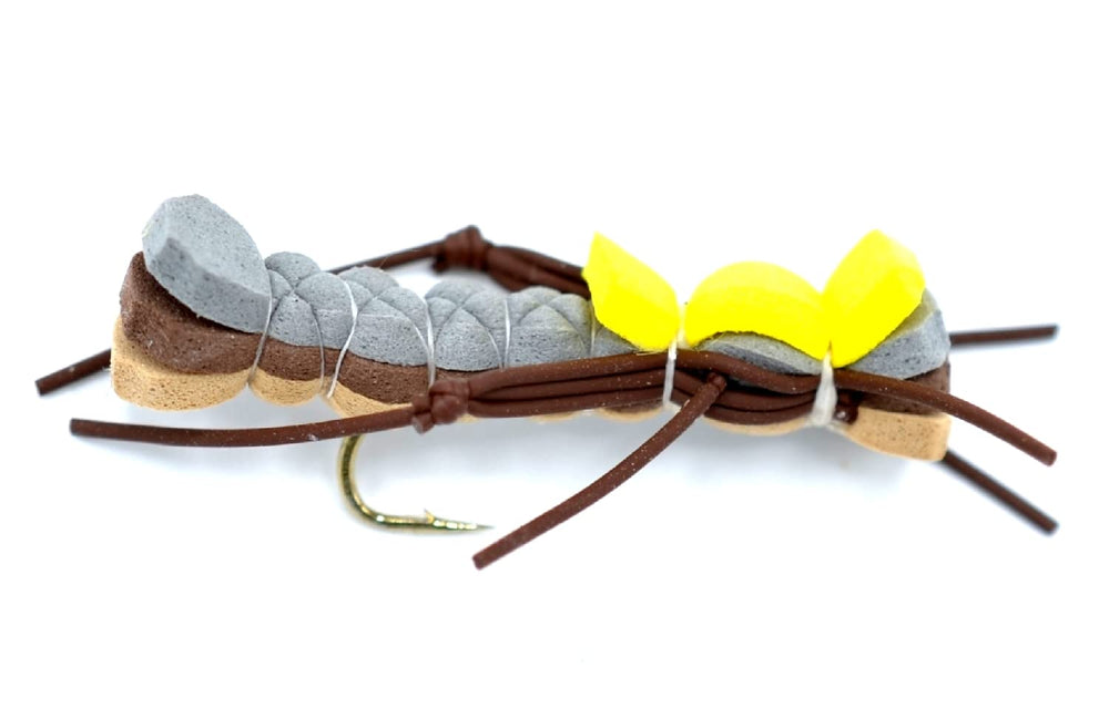 The Fly Fishing Place Grasshopper foam hopper flies offer reliable casts and visibility on bright days.