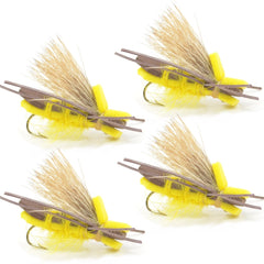 The Fly Fishing Place Guerilla Hopper on water, yellow high-visibility grasshopper dry fly for surface fishing.