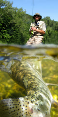 Three flies on a card highlighting hook size six and strong hooks for confident casting