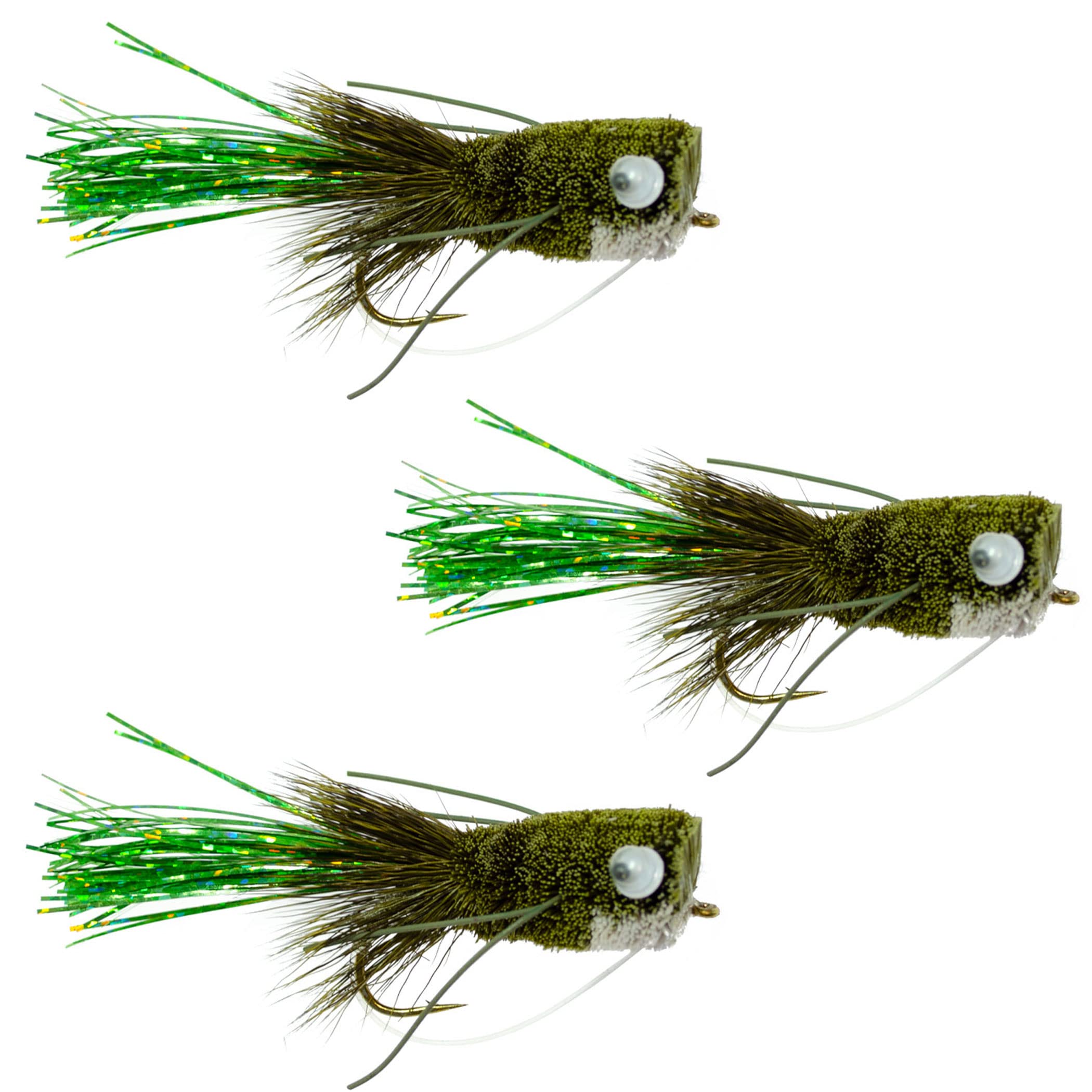 Set of three olive deer hair bass bug poppers by The Fly Fishing Place for bass and panfish