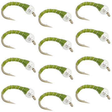 The Fly Fishing Place Olive Zebra Midge with silver bead head, a versatile low-water pattern for trout.