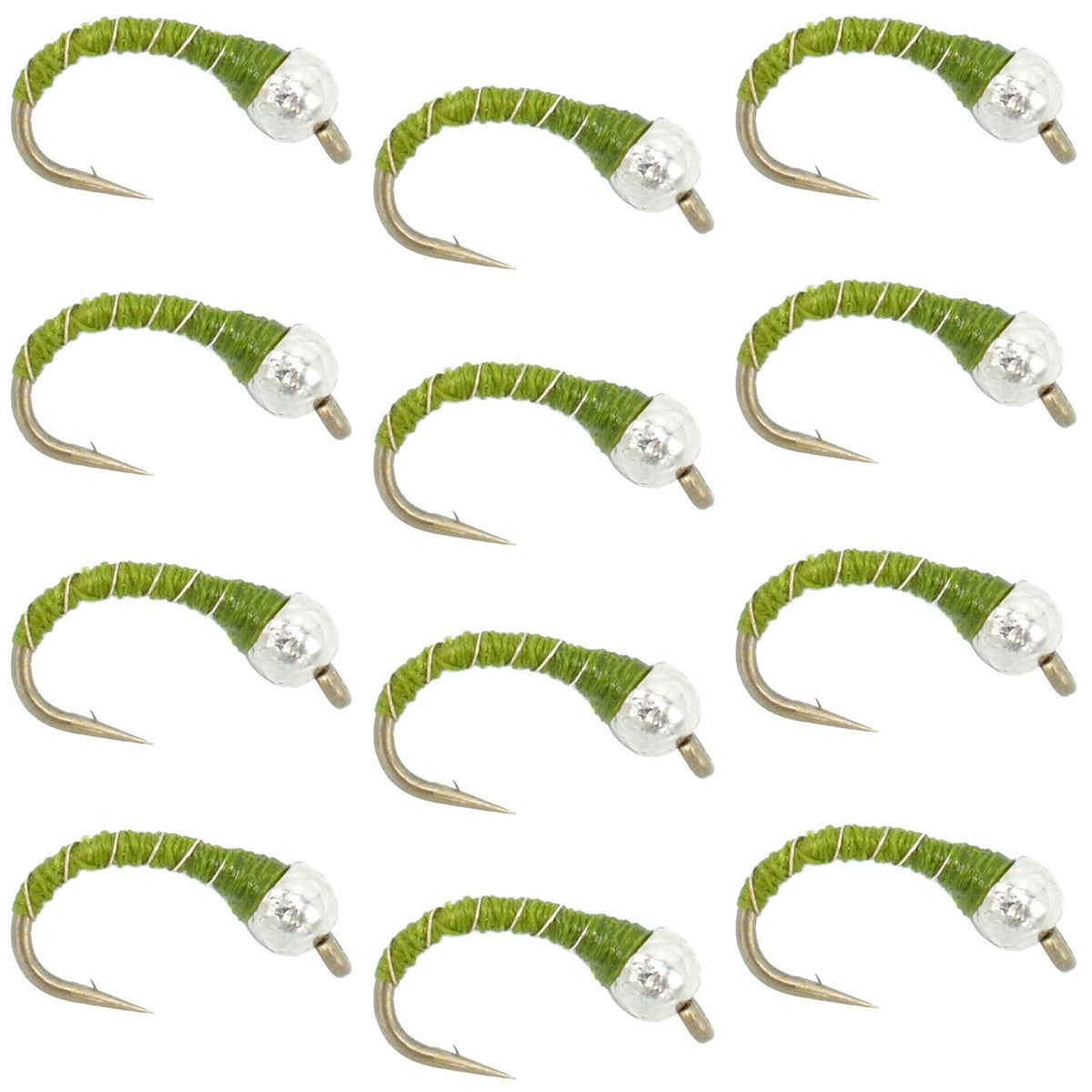 The Fly Fishing Place Olive Zebra Midge with silver bead head, a versatile low-water pattern for trout.